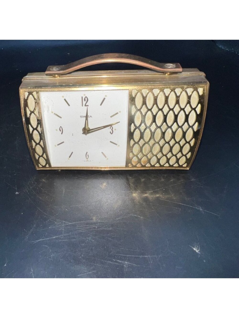 MCM Table Alarm Clock Brass and GoldTone Metal Mesh Works Sleek Semca Vintage